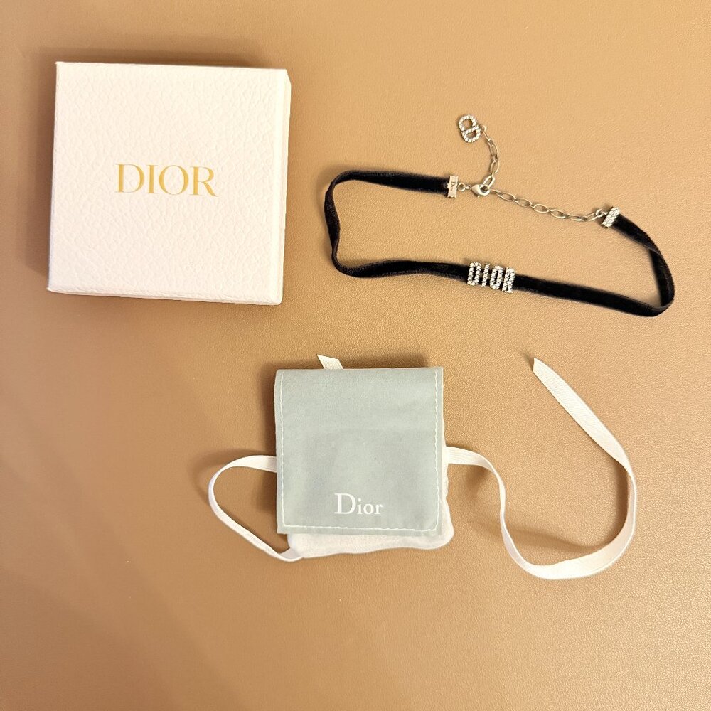 Christian Dior Velvet Crystal DIOR Choker Necklace Black w.box